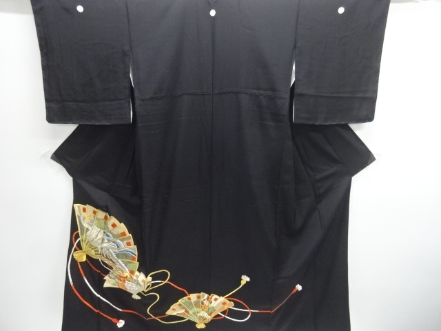 JAPANESE KIMONO / TOMESODE / EMBROIDERY / FOLDING FAN & BIRD 